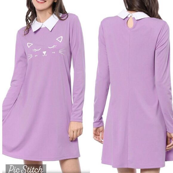 Allegra K Jr’s Sz Med Cat Face Purple Contrast Collar Flare Hem Above Knee Dress - Picture 2 of 6